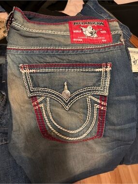 True Religion Blue Denim Jeans with Red & White Stitching